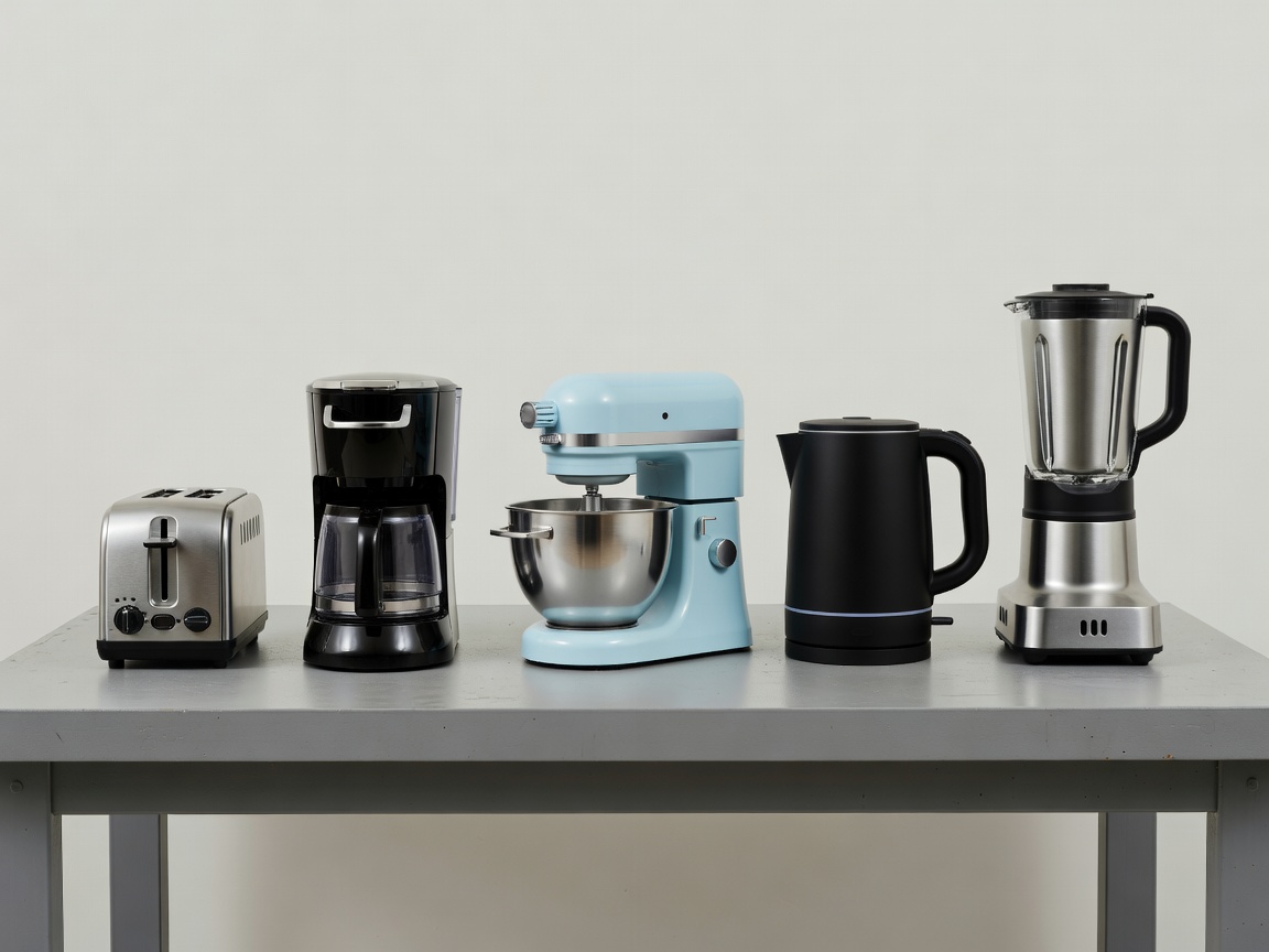 3D render of small kitchen appliances arranged on a plain workbench for comparison