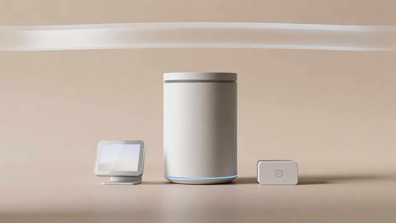 3D render of an air purifier, smart thermostat and smart plug on a plain warm background