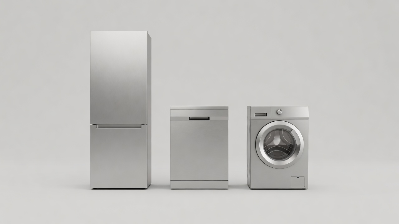 3D render of a fridge, dishwasher and washing machine lined up on a plain light background