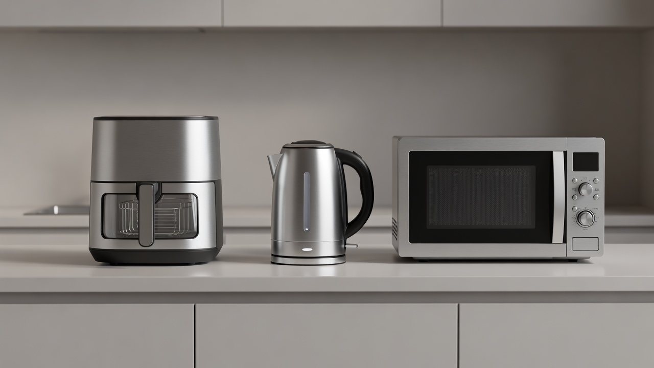 3D render of an air fryer, kettle and combination microwave on a plain kitchen counter