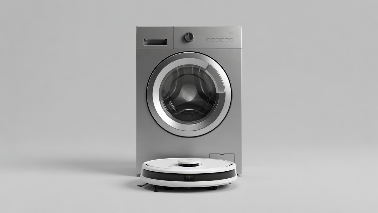 3D render of a robot vacuum in front of a front-loading washing machine on a plain backdrop